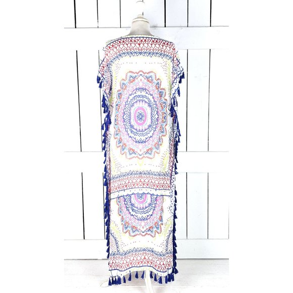 Sheer lightweight colorful tribal print fringe tassel caftan dress cover up - Picture 5 of 5